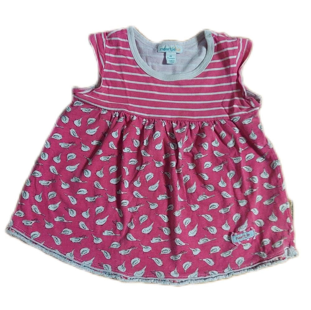 3 Yr Naartjie Coral Pink Short Sleeve Tunic Top Shirt Stripes and Birds Print